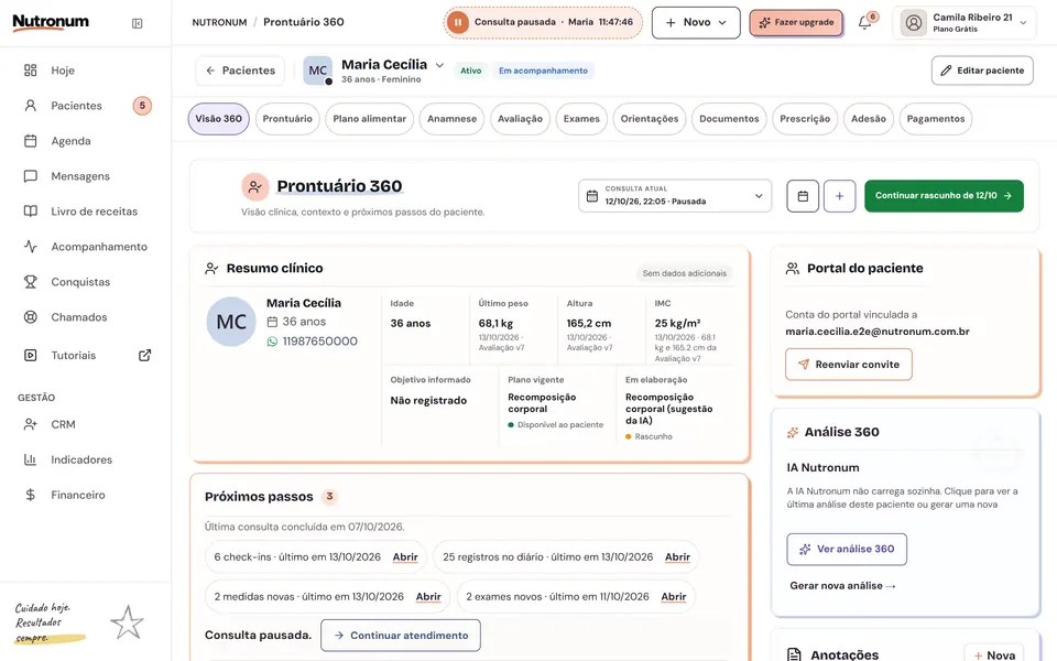 Prontuário 360 do Nutronum com resumo clínico do paciente, plano vigente, próximos passos e análise 360 com IA