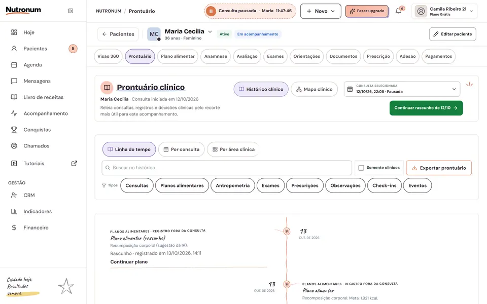 Prontuário clínico do Nutronum com a linha do tempo do paciente e os próximos passos