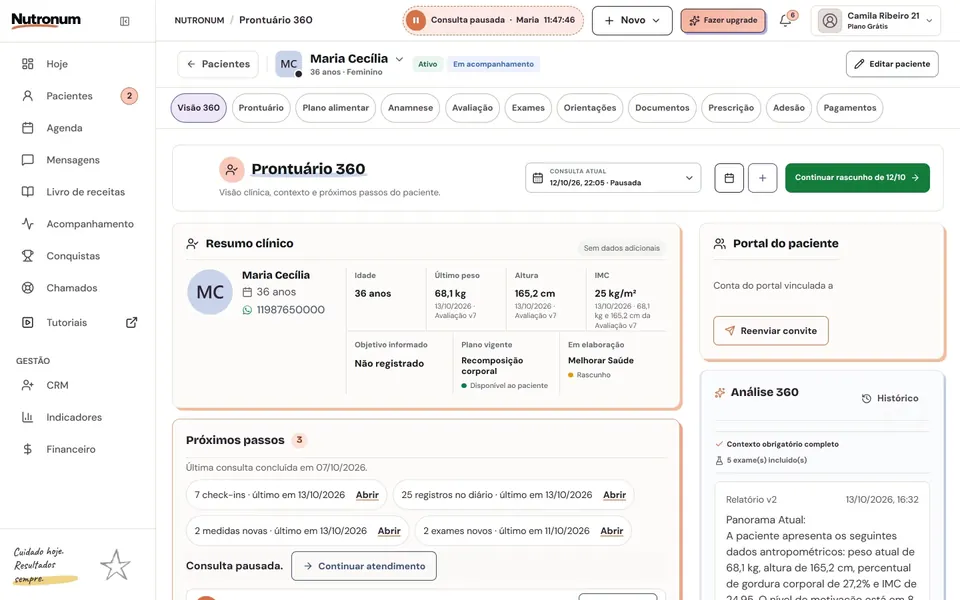 Tela real da Análise 360 e do resumo da IA Nutronum sobre a adesão do paciente