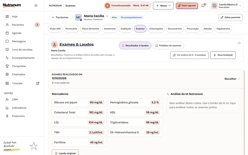 Tela real da análise de exames com IA Nutronum: marcadores e leitura da IA para revisão